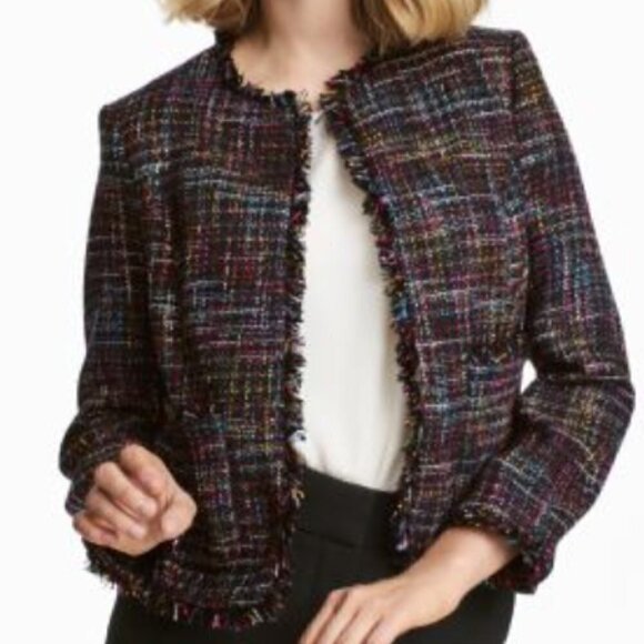 H& M Tweed Woven Textured Raw, Frayed Edge Short Jacket Size 6 NWT - Picture 1 of 14